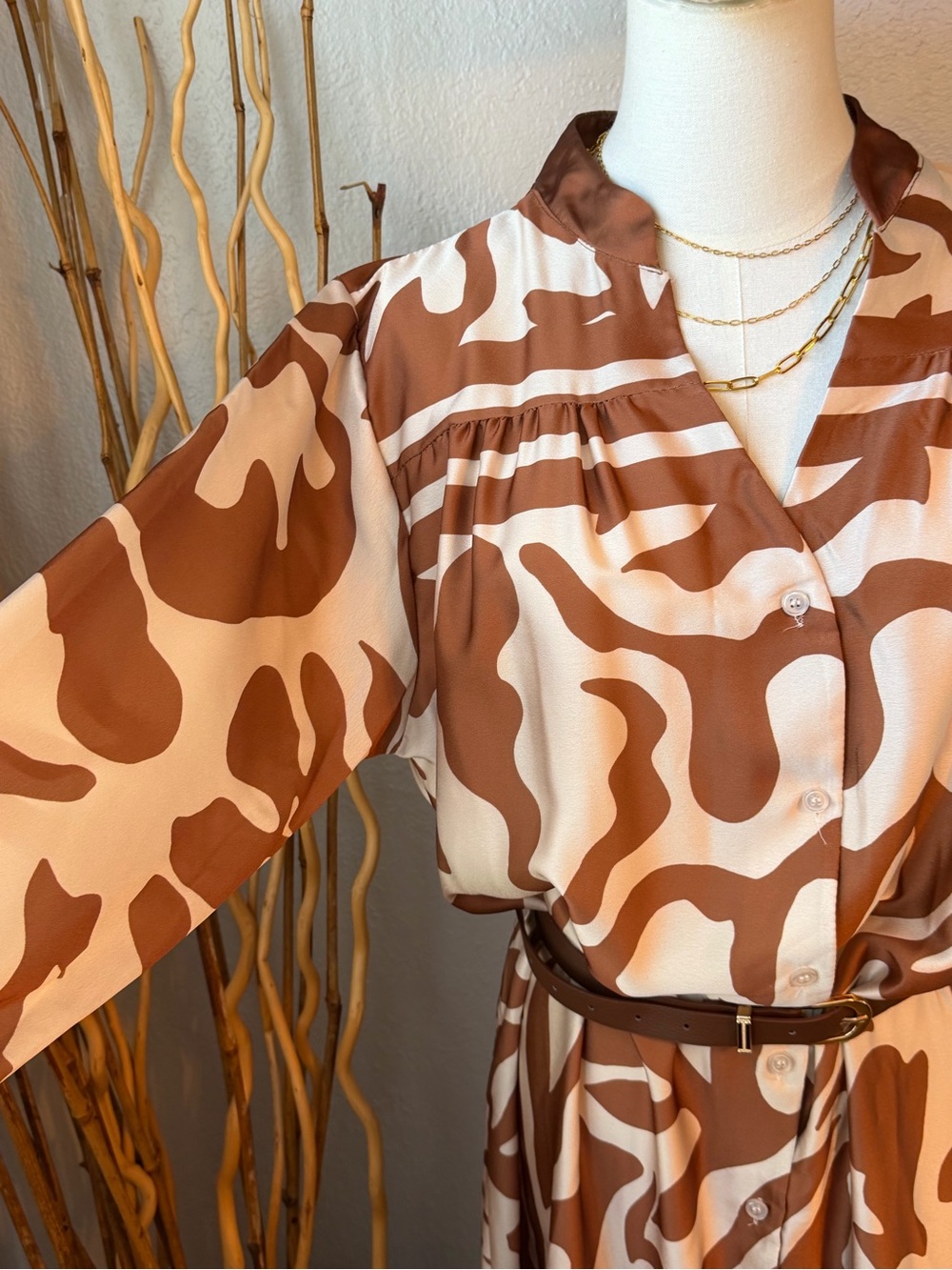NWT ITOO Made in Italy Abstract Brown & Cream Maxi Shirt Dress with Belt Sz Smal - Picture 6 of 10